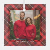 フェスティバルクリスマスファミリーフォトレッドプレイドタータンチェック ガラスオーナメント (正面)