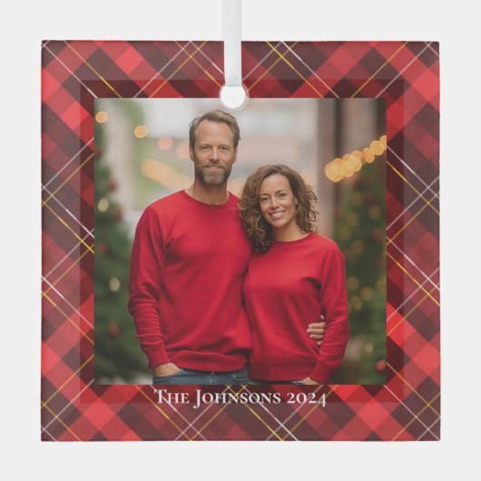 フェスティバルクリスマスファミリーフォトレッドプレイドタータンチェック ガラスオーナメント (正面)