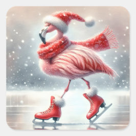 フェスティバルクリスマスフラミンゴアイススケートで滑る スクエアシール