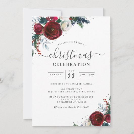 フェスティバルクリスマスフローラレッドシルバーパーティー 招待状 (正面)