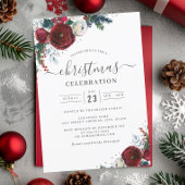 フェスティバルクリスマスフローラレッドシルバーパーティー 招待状
