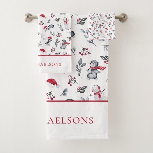 フェスティバルクリスマスペンギン水彩画 バスタオルセット (インサイチュ)
