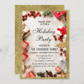 フェスティバルクリスマスホリデーパーティーホワイト金ゴールドグリッター 招待状 (正面/裏面)