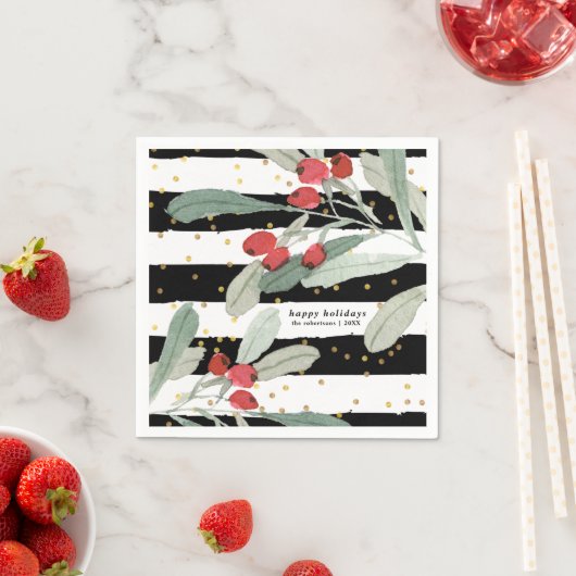 フェスティバルクリスマスホリデーボタニカルストライプ金ゴールド スタンダードカクテルナプキン (インサイチュ)