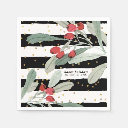 フェスティバルクリスマスホリデーボタニカルストライプ金ゴールド スタンダードカクテルナプキン (正面)