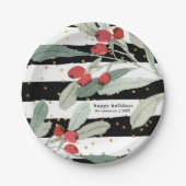 フェスティバルクリスマスホリデーボタニカルストライプ金ゴールド ペーパープレート (正面)