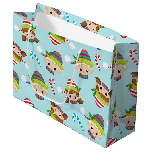 フェスティバルクリスマスホリデー小妖精や小人パターン ラージペーパーバッグ (正面アングル)