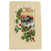 フェスティバルクリスマスホリー素朴と冬のシーン ミディアムペーパーバッグ (正面)