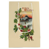 フェスティバルクリスマスホリー素朴と冬のシーン ミディアムペーパーバッグ (裏面)