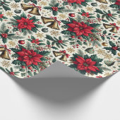フェスティバルクリスマスポインセチアとベルズパターン ラッピングペーパー (角)