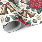 フェスティバルクリスマスポインセチアとベルズパターン ラッピングペーパー (ロールコーナー)