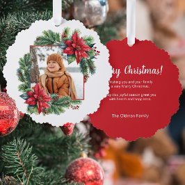 フェスティバルクリスマスポインセチアと松の写真 オーナメントカード