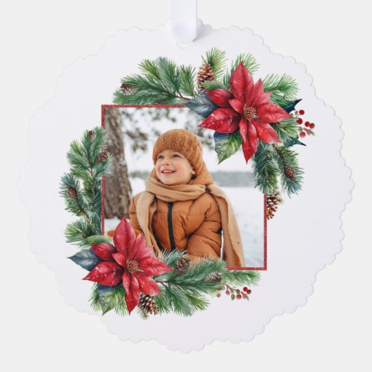 フェスティバルクリスマスポインセチアと松の写真 オーナメントカード (正面)