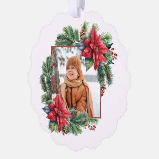 フェスティバルクリスマスポインセチアと松の写真 オーナメントカード (左)