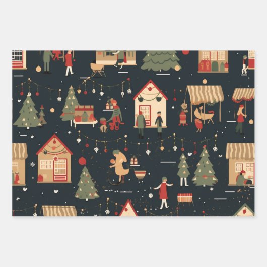 フェスティバルクリスマスマーケットパターン ラッピングペーパーシート (正面)