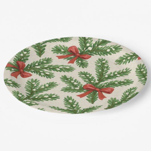 フェスティバルクリスマスモミの枝と赤いリボン ペーパープレート (アングル)