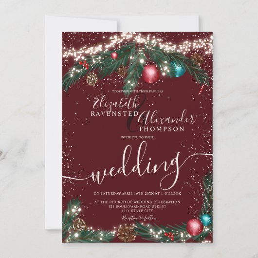 フェスティバルクリスマスライトパイン枝結婚雪 招待状 (正面)