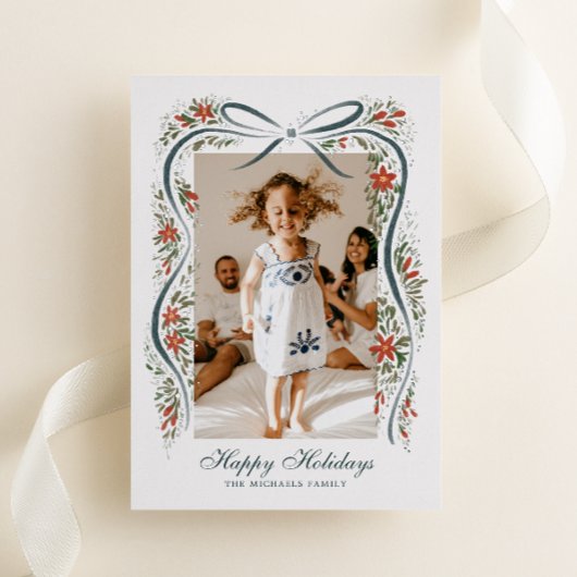 フェスティバルクリスマスリボンとポインセチア 箔シーズンカード