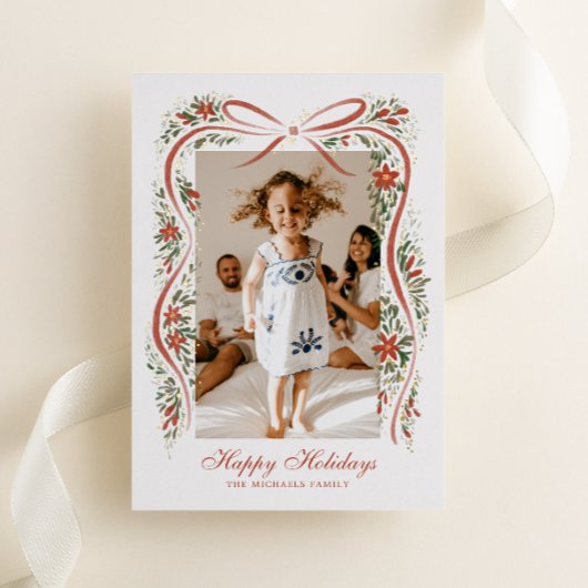 フェスティバルクリスマスリボンとポインセチア 箔シーズンカード