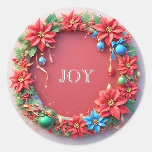 フェスティバルクリスマスリースとレッドポインセティアス ラウンドシール (正面)