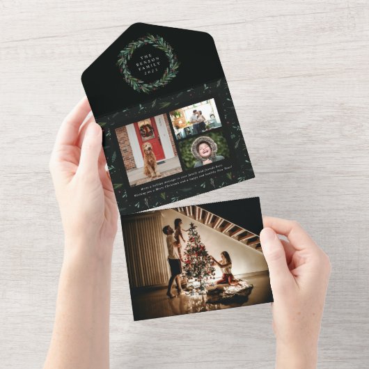 フェスティバルクリスマスリースグリーン4フォトホリデー オールインワン招待状 (貼ってはがせる)