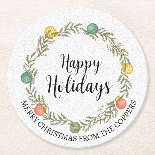 フェスティバルクリスマスリースハッピーホリデイズ ラウンドペーパーコースター (正面)