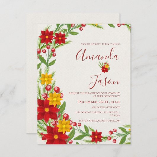 フェスティバルクリスマスレッドグリーンリースフローラ結婚 招待状 (正面/裏面)