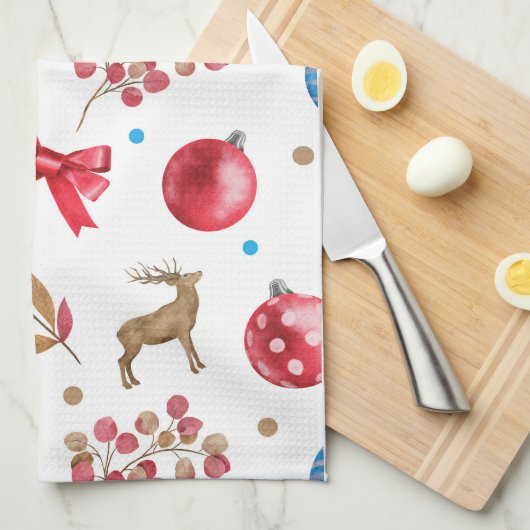 フェスティバルクリスマスレッドブルーオーナメントボーズエルクス キッチンタオル (四つ折り)