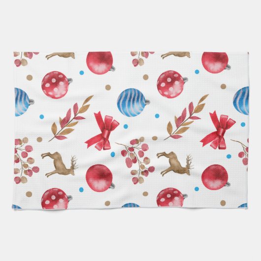 フェスティバルクリスマスレッドブルーオーナメントボーズエルクス キッチンタオル (横)