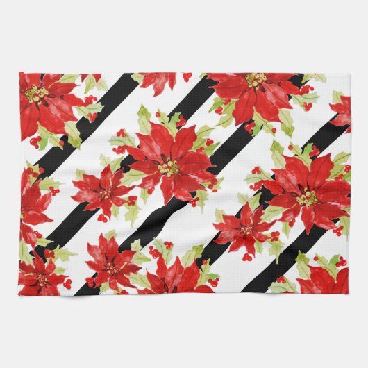 フェスティバルクリスマスレッドポインセチア水彩フローラ キッチンタオル (横)