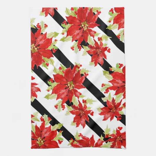 フェスティバルクリスマスレッドポインセチア水彩フローラ キッチンタオル (縦)
