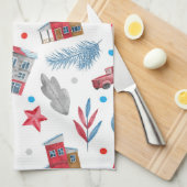 フェスティバルクリスマスレッドレトロヴァンモアツリーブランチ キッチンタオル (四つ折り)