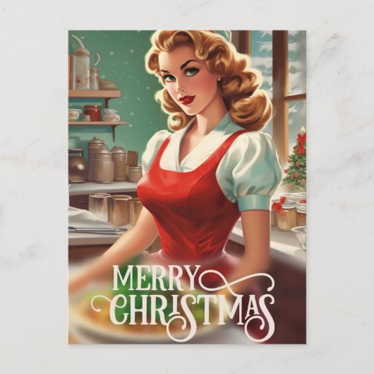 フェスティバルクリスマスヴィンテージの女性の追加メッセージ シーズンポストカード (正面)