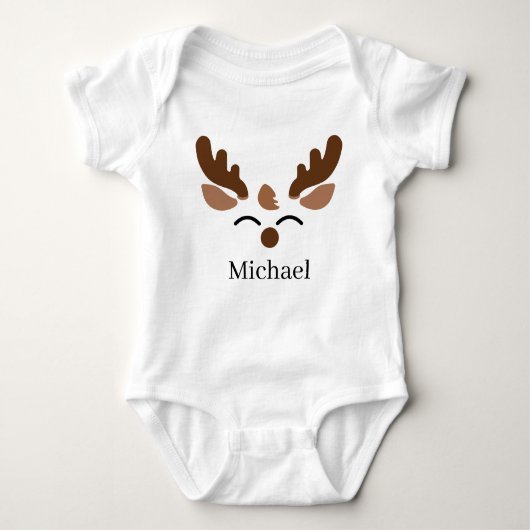 フェスティバルクリスマス少年トナカイ名を最初に追加 ベビーボディスーツ (正面)