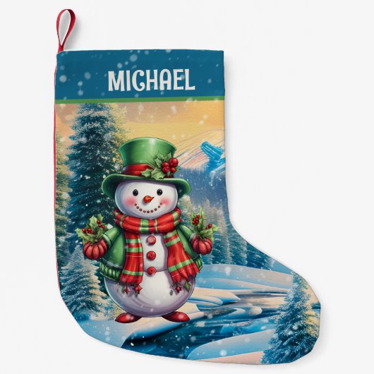 フェスティバルクリスマス水の色の雪だるま追加の名前 スモールクリスマスストッキング (正面)