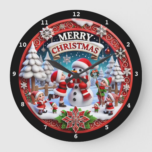 フェスティバルクリスマス雪だるまホリデーデコレーション ラージ壁時計 (正面)