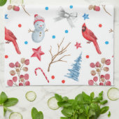 フェスティバルクリスマス雪だるま赤深紅色雪木 キッチンタオル (折り畳み)