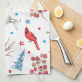 フェスティバルクリスマス雪だるま赤深紅色雪木 キッチンタオル (四つ折り)