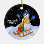 フェスティバルクリスマス雪だるま追加の名前文字 セラミックオーナメント (正面)