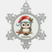 フェスティバルクリスマスadd name year owl スノーフレークピューターオーナメント (正面)