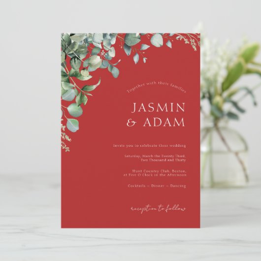 フェスティバルクリムゾンレッドユーカリスグリーン結婚リー 招待状 (スタンド正面)