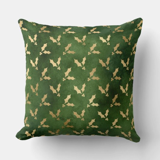 フェスティバルグリーンとゴールドフォイル冬クリスマスホリー クッション (正面)