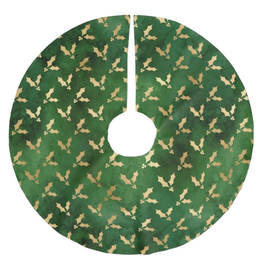 フェスティバルグリーンとゴールドフォイル冬クリスマスホリー ブラッシュドポリエステルツリースカート (正面)