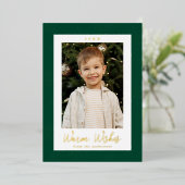 フェスティバルグリーンと金ゴールド雪片の写真 箔シーズンカード (立ち正面)