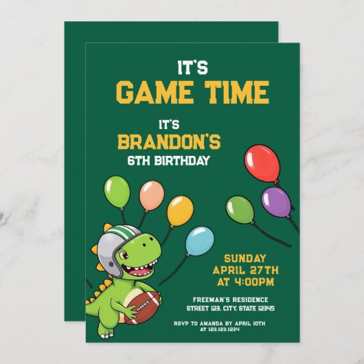 フェスティバルグリーンと黄色の恐竜子供の誕生日 招待状 (正面/裏面)