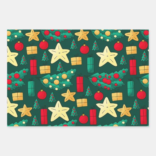 フェスティバルグリーンクリスマスとホリデーアイコン ラッピングペーパーシート (正面)