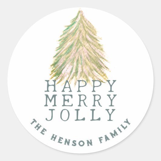 フェスティバルグリーンクリスマスツリーウォーターカラーホリデー ラウンドシール (正面)