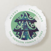 フェスティバルグリーンクリスマスツリーファミリーホリデー ラウンドクッション (正面)