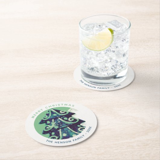 フェスティバルグリーンクリスマスツリーファミリーホリデー ラウンドペーパーコースター (インサイチュ)