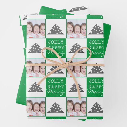 フェスティバルグリーンクリスマスツリー雪家族の写真 ラッピングペーパーシート (インサイチュ)
